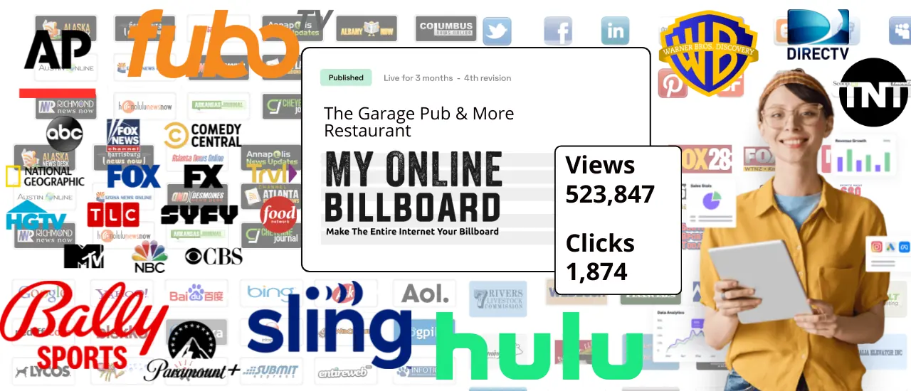 Mass Media Advertisng on tv, news stories and online billboards